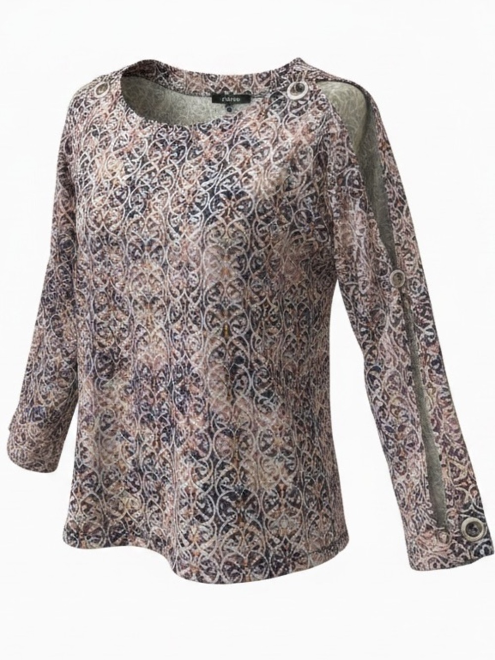 Cable & Gauge Pink Purple Patterned Long-Sleeve Top Open-Sleeve Detail EUC SZ L